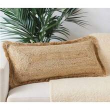 Funda de cojín lumbar trenzada de yute de 12 x 18 pulgadas almohada de yute de rafia con flecos almohadas decorativas fundas de almohada para exteriores decoración de primavera - Cubierta de flecos - Ver 9