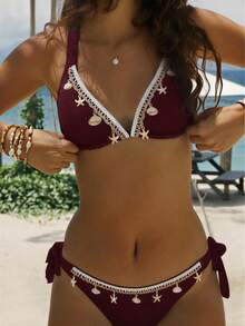 2pcs/Set Set Bikini Kasual Seksi Dekoratif Tema Laut Wanita, Baju Renang Leher Halter Warna Polos untuk Liburan Musim Panas di Pantai - MultiWarna - View 3