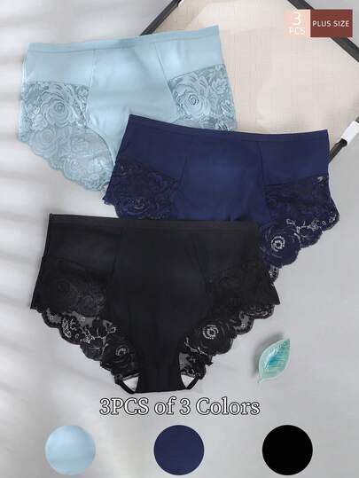 3pcs/Set Plus Size Women's Solid Color Lace Patchwork Comfortable Breathable Briefs