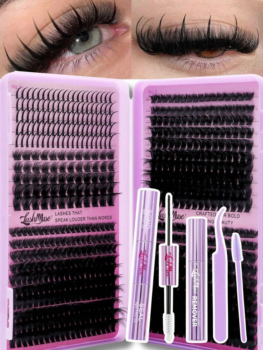 1164PCS/582PCS Lash Cluster Set, Individual Cluster Lashes, D Curl Effect DIY False Lashes, 80D100D120D150D Mixed Density, Includes Eyelash Glue, Tweezers, Remover, For Christmas, Halloween, Party, Daily Wear, Festive Glam Beauty,Individual Eyelashes - 粉色 - 查看 1