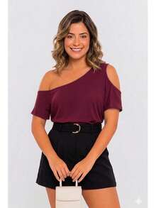Women's Basic One-Sleeve Loose-Fitting Blouse With Cutout Shoulder - Redwood - View 1