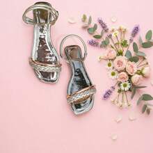 Women's Flat Sandal With Braided Detail, Rhinestone Strap, And Adjustable Closure - Elegant Luxury Fashion. - 金色 - 查看 4
