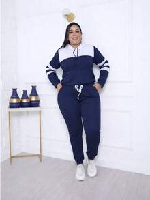 Conjunto  Feminino Bicolor de malha crepe  com Capuz e bolso frontal – Look Confortável e Estiloso - Azul Marinho - Visão 2