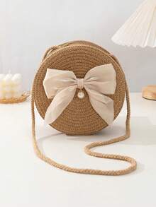 女士新款配饰蝴蝶结斜挎包，时尚圆形草编包 - 卡其色 - 查看 6