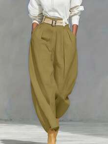 Women's Solid Color Zipper Pocket Pleated Casual Loose Pants (Belt Not Included) Spring - Khaki - View 5