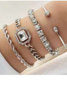 4pcs/Set Pulsera y Brazalete Retorcido con Pedrería Personalizado Estilo Punk para Mujer - Dorado - Ver 7