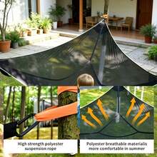 Nueva hamaca triangular, tamaño grande de 280 x 280 cm, capacidad de carga de 200 kg, material de malla de poliéster, fácil instalación, diseño portátil, resistente, espaciosa, apta para uso individual o doble, incluye 3 cuerdas, 3 bolsillos de malla y 1 bolsa de almacenamiento, 3 mosquetones, adecuada para camping, excursionismo, playa, ocio en el jardín y senderismo - A - Ver 9