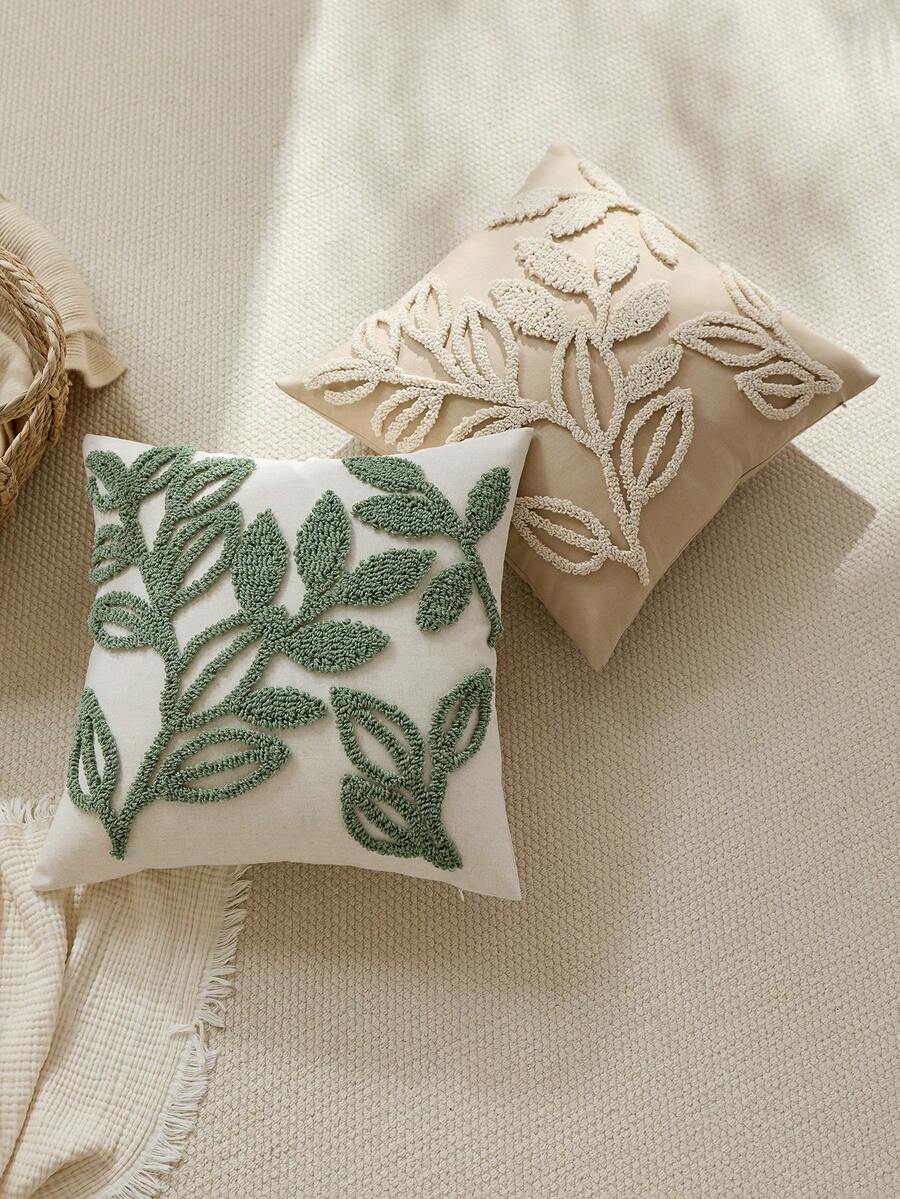 1pc Modern Minimalist Green Leaf Embroidered Velvet Throw Pillow Cover, Fresh Botanical Decor Cushion Case For Indoor, Suitable For All Seasons, Pillow Insert Not Included
