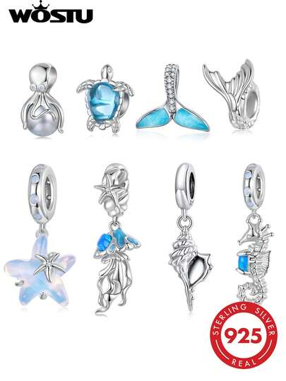 WOSTU 1pc Ocean Series 925 Sterling Silver Sea Turtle, Octopus, Jellyfish, Seahorse Pendant, Compatible With Original Bracelet DIY Accessories, Summer Jewelry