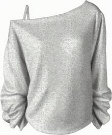 Women's Off-Shoulder Long-Sleeve Shirt, Loose Casual Pullover, Lightweight Autumn Top, Blue: Clothing, Shoes And Jewelry - 灰色 - 查看 2