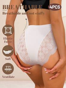 MEIYATING 4pcs Women's Mid-Waist Lace Patchwork Panties, Floral Pattern, Soft & Comfortable, Hollow-Out Sexy Romantic Lace Trim Thin Bikini Underwear - Multicolor - View 5