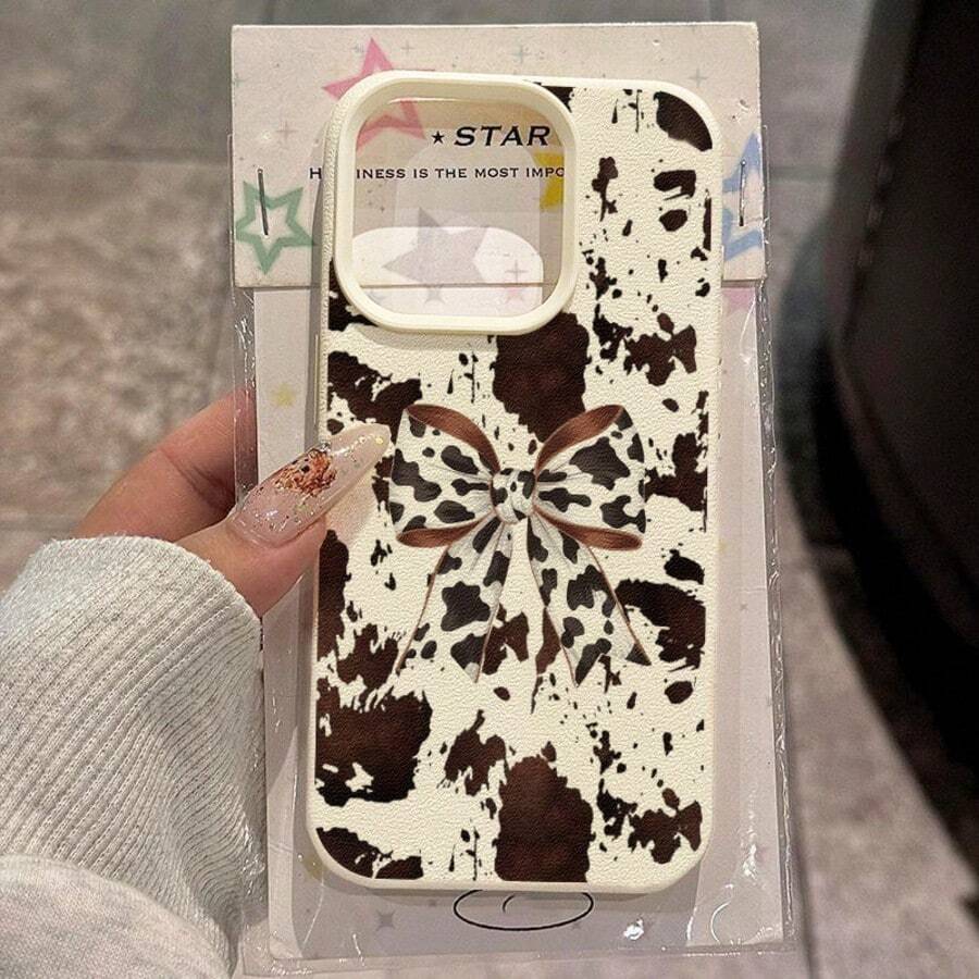 蝴蝶结图案 TPU 复古奶牛纹蝴蝶结设计手机壳,适用于 17 Pro Max/17/16 Pro Max/15/13/12/11、S20 FE/A15/S24/A55、Note 11/12/13 Pro,全包软壳保护套 - 白色 - 查看 1