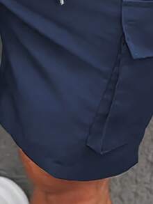 男士抽繩腰拉鍊口袋工裝短褲，輕量多口袋戶外休閒短褲，街頭風膝蓋長度工作短褲 - 藍色 - 查看 4