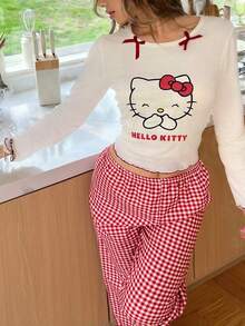 SANRIO Hello Kitty 女士圆领印花长袖上衣 + 直筒弹力腰裤 2 件套可爱睡衣套装 - 紅色 - 查看 2