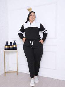 Women's Two-Tone Crepe Knit Set With Hood And Front Pocket – Comfortable And Stylish Look. - Black - View 1