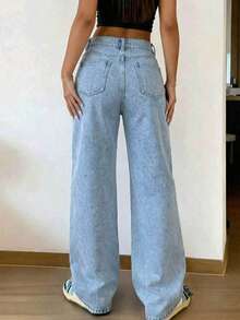 Quần jeans nữ ống đứng có túi trước, màu trơn, kiểu dáng tối giản, thích hợp mặc hàng ngày, mùa xuân. - Rửa nhẹ - Xem 2