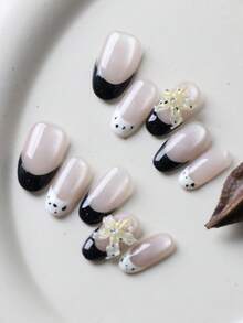 10pcs Press On Nails Nails Press On Nail Supplies White Cat's Eye Black French Big Flower Fake Nails Short Office DailyWear False Nails Artificial Nails Kit Includes 1sheet Adhesive Tabs &1 Pc Mini File - Multicolor - View 2