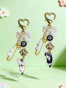 1pc Cute Cat Phone Charm Black Rope Beaded Key Chains Fashionable Bows Keyring Ornament For Phones Keys Bags - Bags - View 3