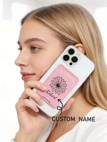 1pc Personalized Text Phone Card Holder, Floral Pattern, PC Material, Adhesive Phone Wallet, Phone Card Slot, Fits Various Phones, Customized Phone Card Case - Navy Blue - View 3