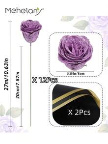 MEHELANY 12/6支/包 2.76英寸/7厘米闪光玫瑰花束，DIY人造闪光花束，紫色塑料假玫瑰，永不凋谢的闪亮人造玫瑰花束，适合周年纪念、订婚、结婚礼物、家居装饰、办公室厨房装饰、派对装饰、房间装饰、情人节、母亲节装饰、送给女友、妈妈、女士的生日礼物（含包装纸）（少量掉毛属正常现象） - 紫色 - 查看 9