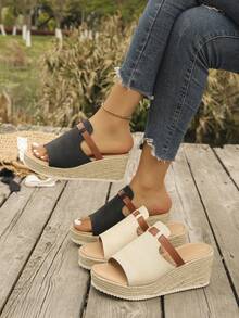 Women's Straw Wedge Rope Open Toe Slippers, Thick Sole Elevated Summer Outdoor Sandals - Black - View 3