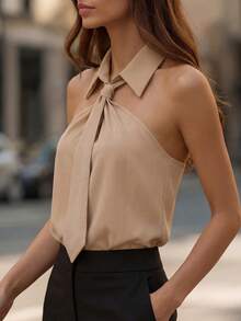 Áo sơ mi nữ cúp ngực thắt nơ - Áo sơ mi satin màu kaki nhạt, thời trang và thanh lịch, phù hợp cho công sở hoặc hẹn hò. - Màu Khaki - Xem 3