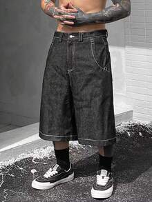 Quần jeans ống rộng màu đen phối đường chỉ tương phản, có túi, dành cho thanh thiếu niên/giới trẻ, dáng rộng vừa vặn, đa năng, thích hợp mặc thường ngày. - màu đen - Xem 3