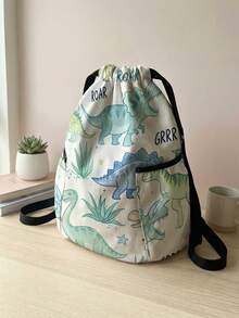 1pc Drawstring Closure Backpack, Multi-Scenario, Super Capacity, Ultra-Lightweight, , High-Aesthetic, Foldable Storage Bag, Cartoon Dinosaur & Mermaid Print Drawstring Gym Bag, Dust-Proof, Suitable For Outdoor, Fitness, Daily Commute & School Use - Multicolor - View 3