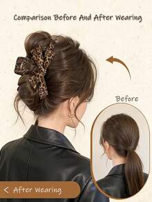 豹纹慵懒低发髻发夹，带接发，女士适用，合成纤维发髻假发 - 彩色 - 查看 4