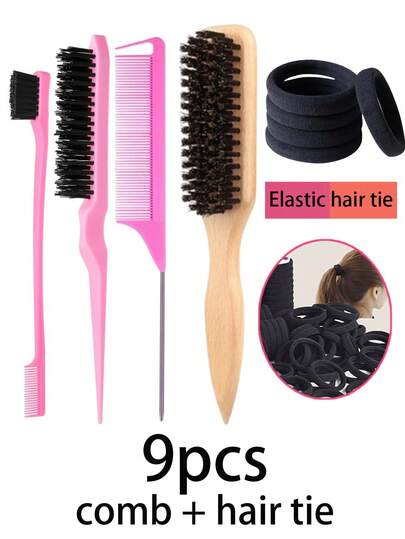 1-9pcs Brush Set, Unisex Boar Bristle Hair & Beard Brush, Professional Hairstyling Brush, Hair Ties, Strong Hair Bands, Coloring Tail Comb, Suitable For Barbershop, Beauty Salon, Travel