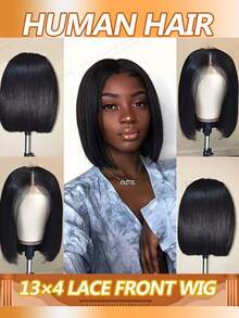 Tóc giả bob thẳng, tóc thật 13x4, ren trong suốt phía trước, dành cho nữ, tóc giả bob bằng tóc thật đã được tỉa sẵn với tóc con, mật độ 200%. - Natural Black - Xem 1