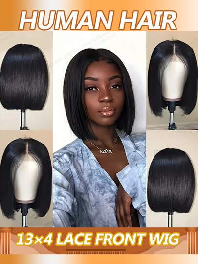 Tóc giả bob thẳng, tóc thật 13x4, ren trong suốt phía trước, dành cho nữ, tóc giả bob bằng tóc thật đã được tỉa sẵn với tóc con, mật độ 200%.