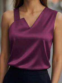 Women's Elegant Satin Sleeveless V-Neck Woven Blouse, Made Of Soft, Comfortable And Silky Fabric, Regular Length, Loose Fit, Suitable For Summer Wear Or Layering! - Deep Purple-red - View 4