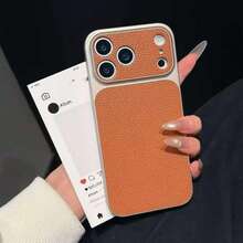 时尚荔枝纹皮革质感大窗口手机壳，兼容 17 Pro Max、17 Pro、16 Pro Max、15、14 Pro、13、12 Pro、17，摄像头保护，磨砂软边框，防震保护套 - 淺棕色 - 查看 1