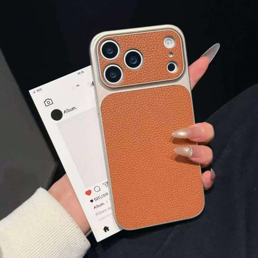 时尚荔枝纹皮革质感大窗口手机壳，兼容 17 Pro Max、17 Pro、16 Pro Max、15、14 Pro、13、12 Pro、17，摄像头保护，磨砂软边框，防震保护套 - 淺棕色 - 查看 1