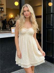 Women Summer Sleeveless Dress Floral Embroidery Loose Party A-Line Dress For Beach Club Streetwear - 淺黃色 - 查看 1