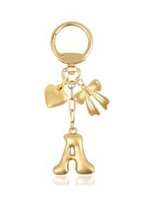 1 Pc A-Z Gold Bubble Letter Keychain With Heart And Bow, Round Clasp Initial Bag Charm,For Key Handbag Backpack, Personalized Gift For Women Girls,Perfect Gift - Multicolor - View 12