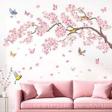 DECOWALL SG2-2427 Pegatinas de pared de flores rosas y pájaros calcomanías de rama de árbol de cerezo decoración de pared para recámara sala de estar sofá fondo de TV - Multicolor - Ver 2