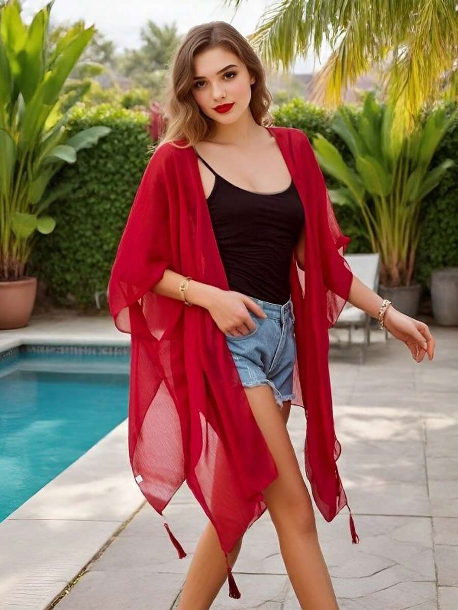 Khăn choàng voan mỏng, khăn quàng cổ đi biển, kiểu dáng rộng rãi, chống tia UV cho kỳ nghỉ hè, thích hợp cho sân khấu, du lịch, chụp ảnh, kimono. - Nhiều màu - Xem 1