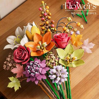 Bộ xếp hình Eternity Building Blocks Bouquet – Bộ mô hình hoa sống động 813 mảnh dành cho người lớn, quà tặng trang trí nhà cửa tự làm cho bạn gái, vợ, mẹ.