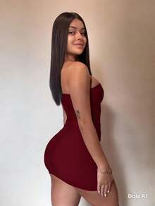 vestido tubinho, tomara que caia , com bojo, alta elasticidade, leve, confortavel, fica justo no corpo, alta qualidade variedade de cores, fresco - Vinho - Visão 3