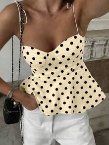 Camiseta sin mangas ajustada de verano con lunares, contraste de color, casual, elegante, versátil para citas y uso diario, con lazo en la cintura y volantes en el bajo - Amarillo - Ver 4