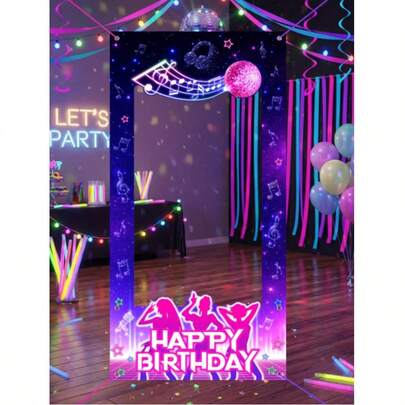1Pc Purple Glow Disco Themed Happy Birthday Photo Booth Backdrop, Music Note Cutout Fabric Banner, Large Party Photo Prop For Birthday Celebration, Dance Party, Home Decor, Event Decoration, Photo Shoot Supply