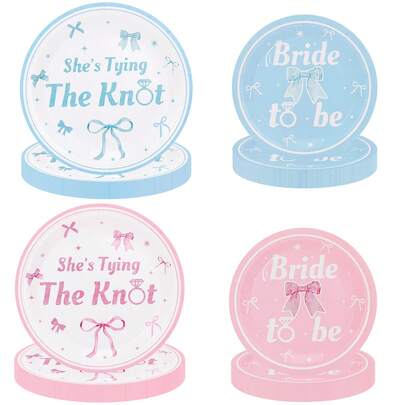 10pcs/40pcs/80pcs Pink Blue Bride To Be & She's Tying The Knot Disposable Paper Plates , 9 Inch& 7 Inch Pink Blue Bow Diamond Design Dinner & Dessert Plates For Bridal Shower Bachelorette Hen Party Wedding Engagement Decorations Supplies Men Women