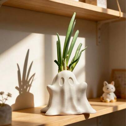 1个可爱幽灵造型花盆，创意白色多肉植物花盆，万圣节室内桌面装饰，独特家居办公装饰