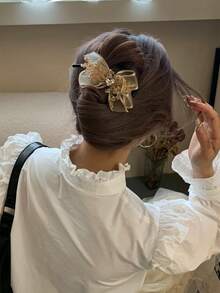 1PC Champagne Mesh Bow Hair Clip For Women, Elegant Rhinestone Crystal Decor, Bridal Wedding Prom Hair Accessories,Summer,Holiday,Travel, Claw Clips - Champagne - View 2