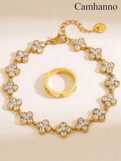 Camhanno Bộ trang sức vàng cao cấp hiện đại 2 món/1 món, vòng tay và nhẫn bằng thép không gỉ, là phụ kiện thiết yếu để nâng tầm phong cách hàng ngày và trang phục dự tiệc. Chất liệu cao cấp đảm bảo sự thoải mái và độ bền, món quà kỷ niệm hoàn hảo dành cho người thân yêu.