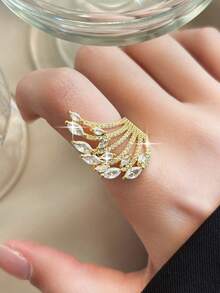 1pc Luxury Wing Cubic Zirconia Wedding Rings, Statement Multilayer Streamlined Ring For Dinner Party, Banquet, Red Carpet Look, Anniversary Jewelry Gift - Yellow Gold - View 6