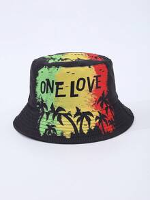 Mũ tai bèo nam hai mặt in kỹ thuật số hình cây cọ và chữ "One Love", phù hợp cho mọi mùa và sử dụng hàng ngày. - A - Xem 3