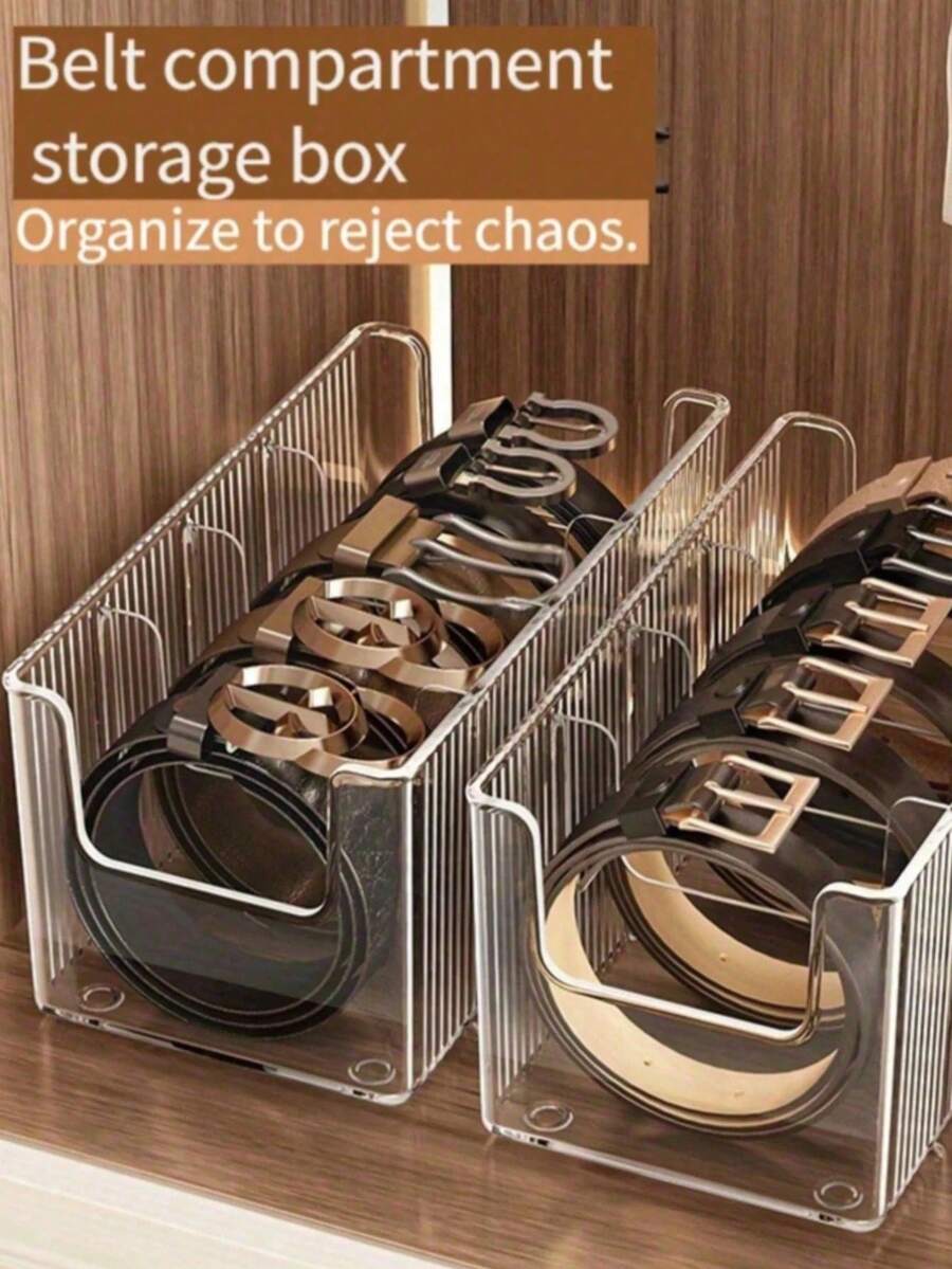 1pc/2pcs Belt Storage Box With Divided Compartments For Tie Organization And Display, Desktop Transparent Men's Waistband Storage Box - Clear - View 1